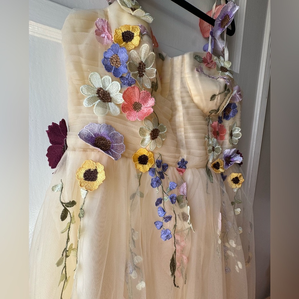 Short Flower Embroidery Dress Tulle Spaghetti Strap Cocktail Party Floral Gown